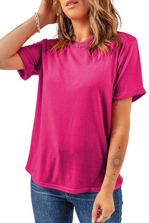 Soft Stretch Solid Crew Neck Rolled Cuff Relaxed Tee